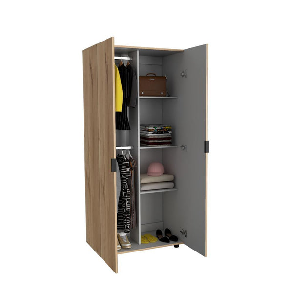 Closet Tera, Café Claro y Blanco, Dos Puertas Abatibles y Dos Tubos Cromados