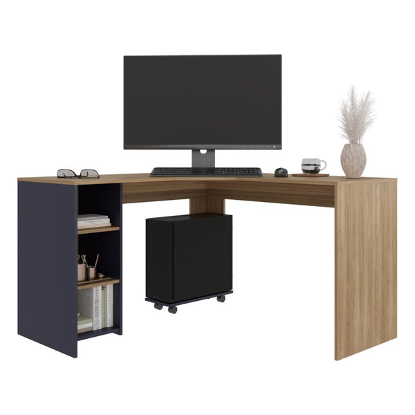 Escritorio En L Dafne, Fresno Europeo y Azul Kronos , con Dos Entrepaños y Base con Rodachinas Para Fácil Desplazamiento