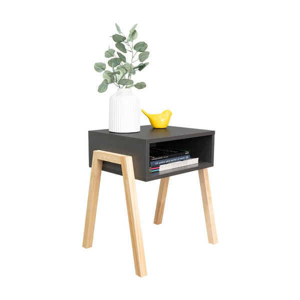 Mesa de Noche Pinet, Plata Oscuro, con un entrepaño para guardar objetos y diseño minimalista