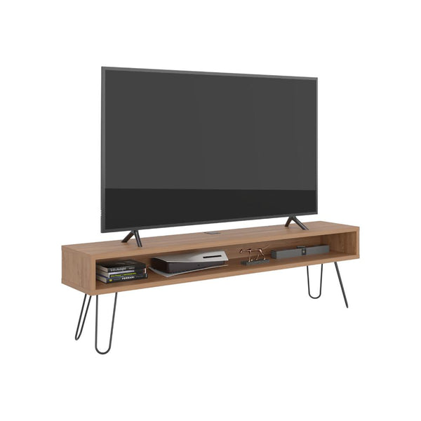 Mesa Para Tv Ralf, Miel, con patas metálicas y espacio de tv hasta 70 pulgadas