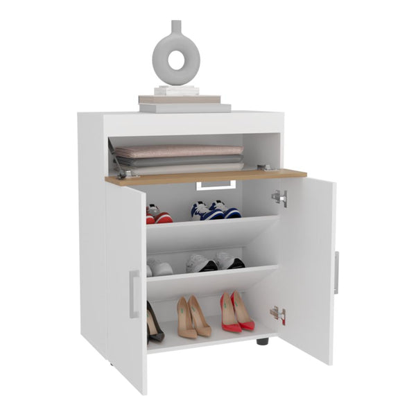 Zapatero Belton, Blanco Duqueza y Fresno Europeo, con tres puertas abatibles y espacio para almacenar zapatos ZF